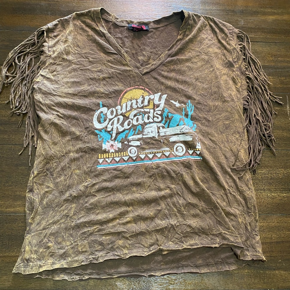 Fringed Sleeved Acid Washed Tee